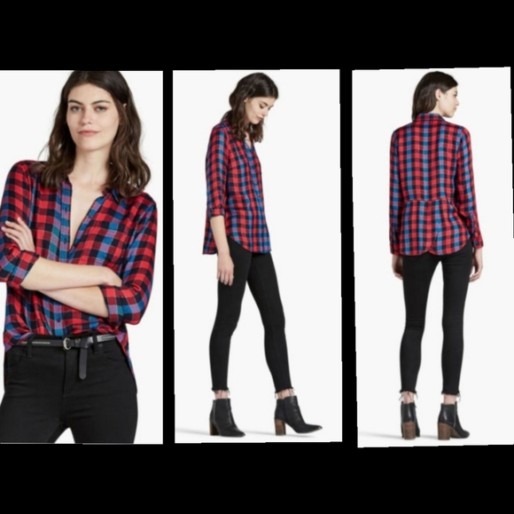 XL women LUCKY BRAND plaid button long sleeve red black split back - Picture 1 of 16